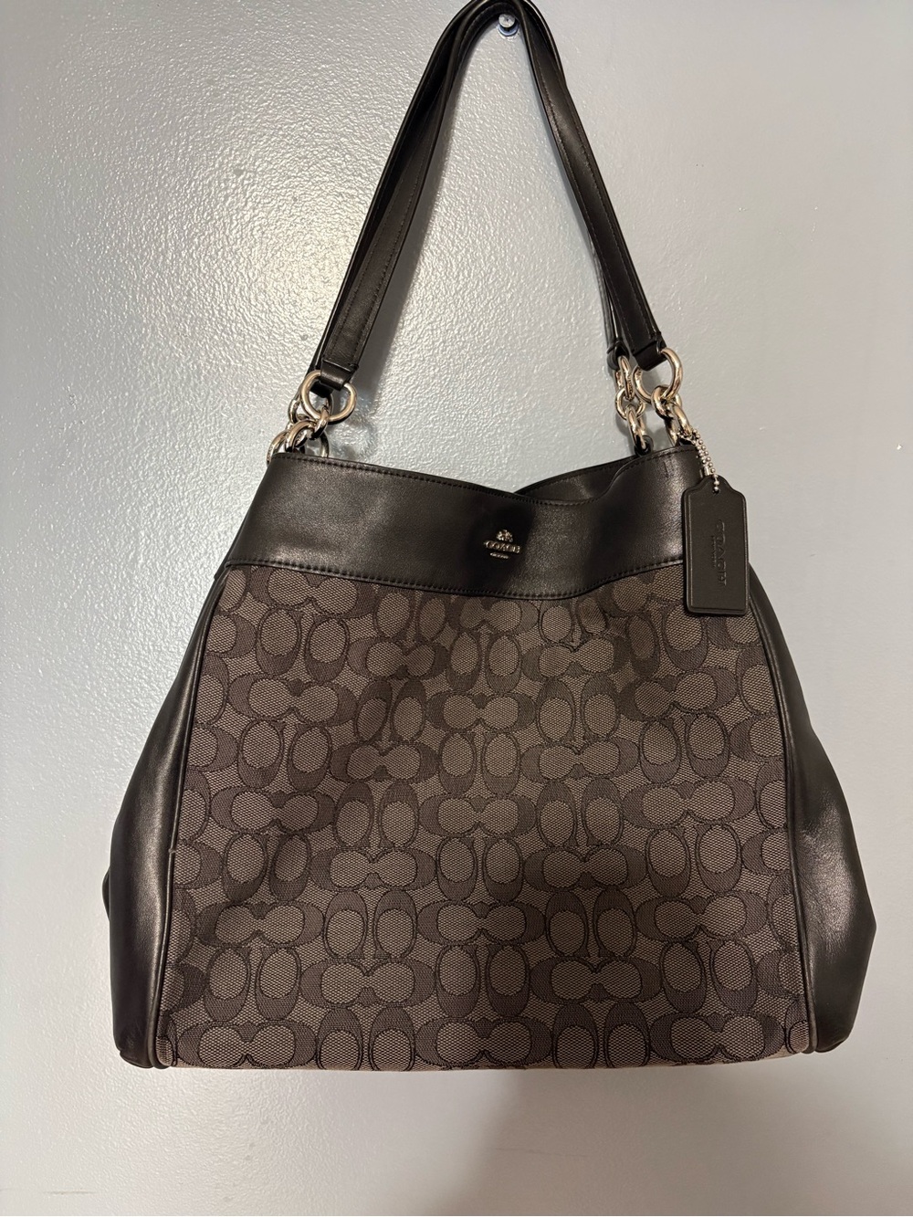 Coach Brown Signature Canvas Shoulder Bag with Dark Leather Trim